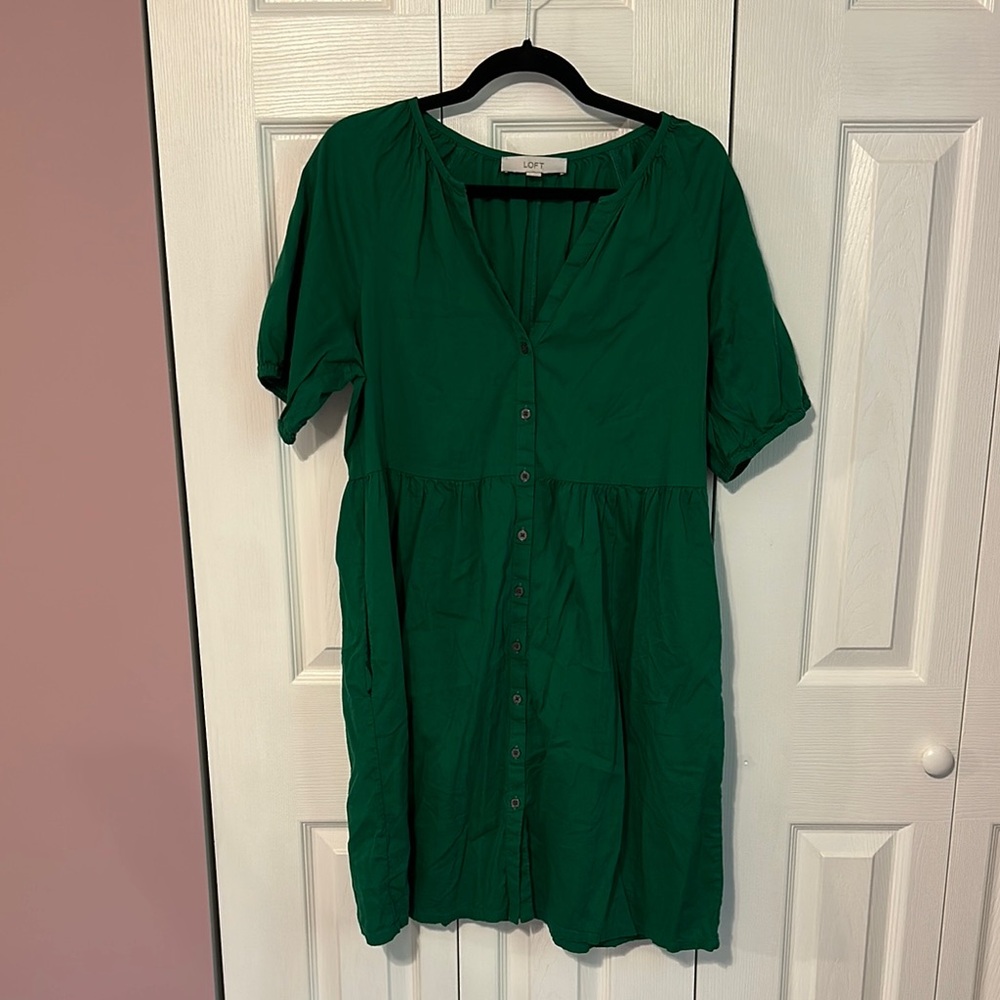 LOFT Green Puff Sleeve Button Up Dress
